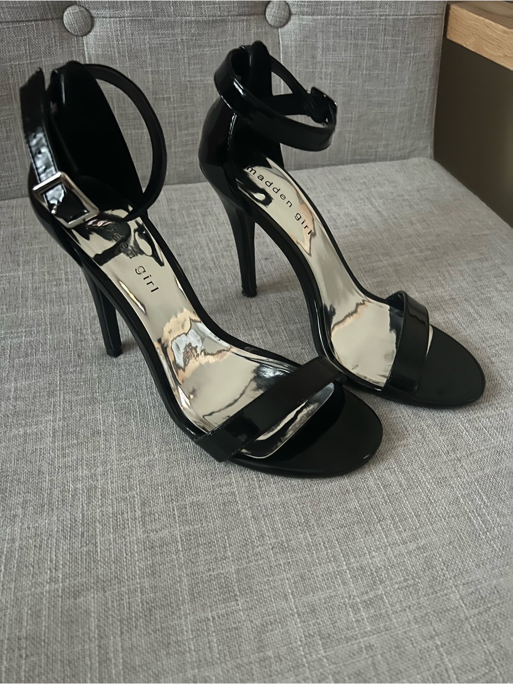 Madden Girl Black stiletto heels, size 8.5, ankle strap coquette dressy wedding